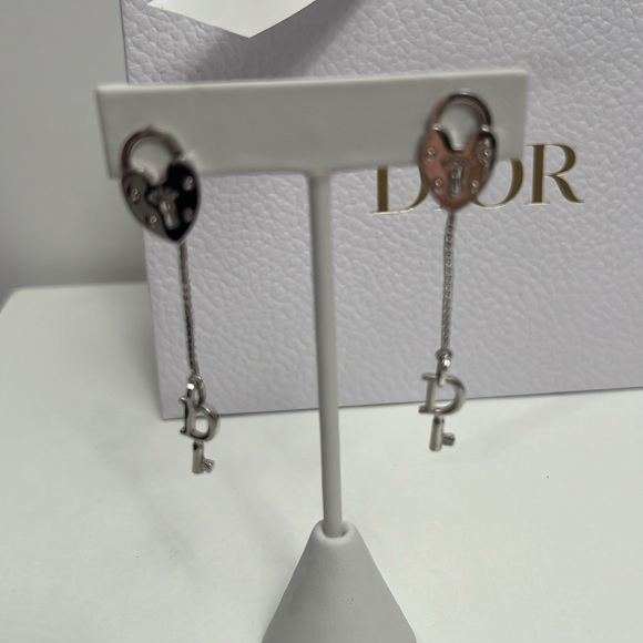 DIOR SILVER Lock & Key Dangling Earrings 2.5” - Picture 3 of 5